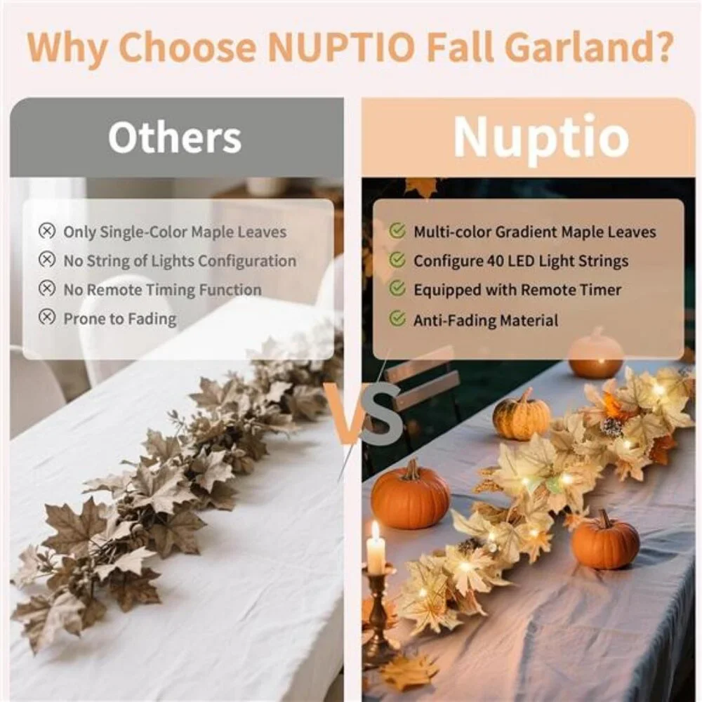Fall Leaves Garland with Lights: 6Ft Autumn Maple Leaf Garlands